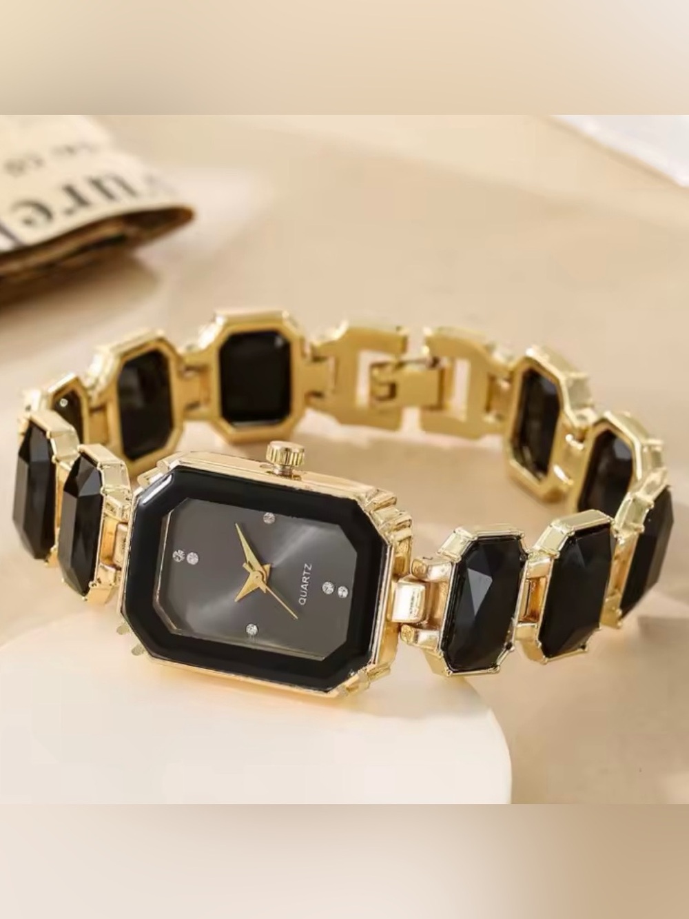 Nordstrom Gold-Tone Bracelet Watch with Black Faceted Accents